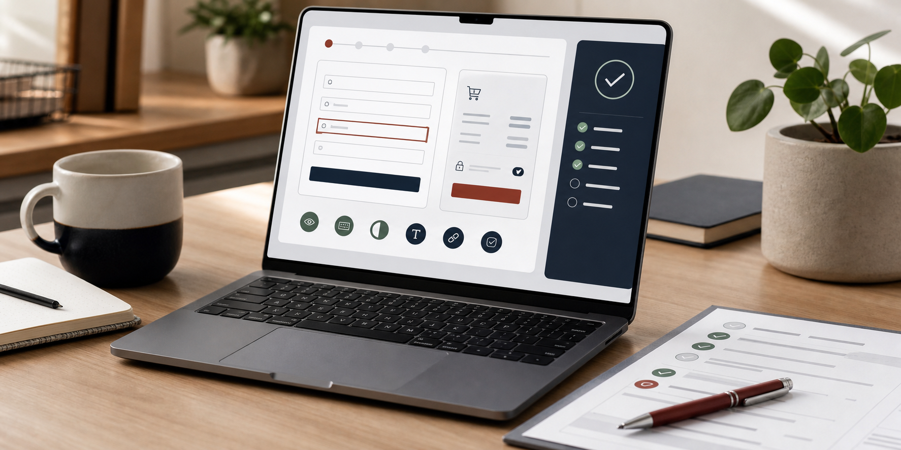 Notebook mit Barrierefreiheits-Checkliste, Formularprüfung und Prüfbericht
